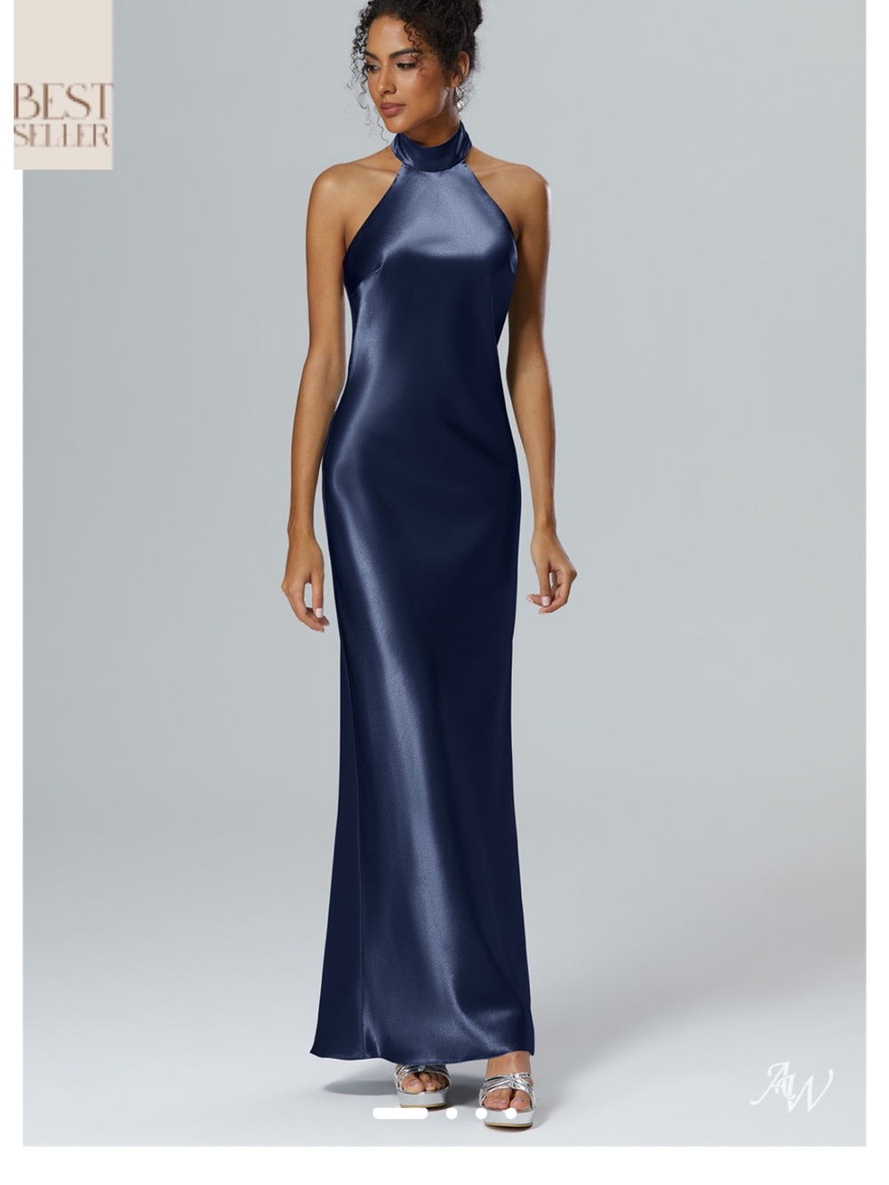 AW Bridal Satin Halter Neck Maxi Dress - Navy